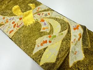 リサイクル　束ね熨斗に花鳥・鼓模様刺繍袋帯